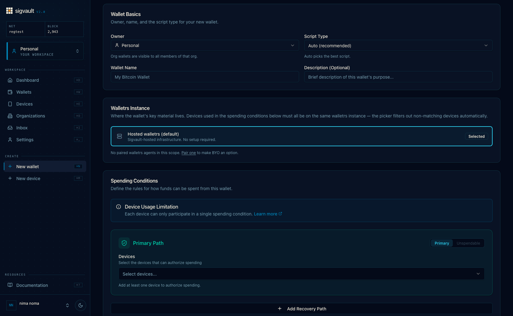 SigVault dashboard — building a wallet's spending policy